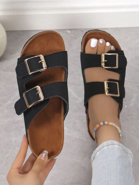 Women's Comfortable Thick Bottom Flat Sandals With Double Buckles, Summer Black Fashionable    Plain    Women Shoes, size features are:Bust: ,Length: ,Sleeve Length: Sandals Black Women, Double Buckle Sandals, Buckle Sandals, Summer Black, Sandals Black, Sports Equipment, Flat Sandals, Black Sandals, All Fashion