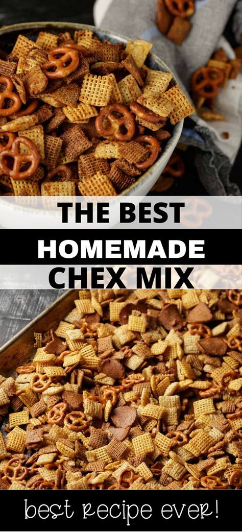 Bowlful of Chex mix at top and baking dish full of Chex mix at bottom. Chec Mix Recipe, Savory Chex, Savory Chex Mix, Chex Mix Recipes Sweet, Homemade Chex Mix Recipe, Chex Snack Mix, Chex Mix Recipes Original, Party Mix Recipe, Homemade Chex Mix