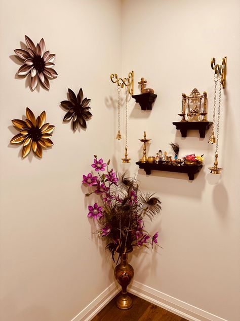 Pooja room , pooja corner , prayer room Temple Corner At Home, Pooja Corner In Living Room, Pooja Wall Decoration, Pooja Corner Ideas, Pooja Shelf Ideas Indian, Mandir Design Puja Room Small, Indian Pooja Room Ideas, Small Mandir At Home, Pooja Setup