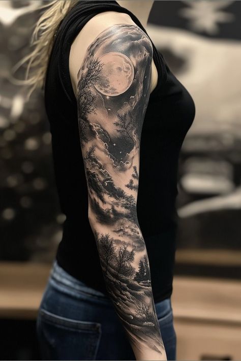 Night Sky Half Sleeve Tattoo, Black And Grey Sleeve Tattoo For Women, Woman Moon Tattoo, Night Sky Tattoo Starry, Spaced Out Sleeve Tattoo, Women Full Sleeve Tattoo, Mountain Sleeve Tattoo Women, Fantasy Sleeve Tattoo, Full Arm Tattoos For Women