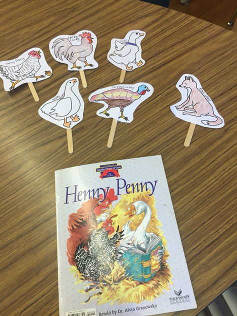 After reading Henny Penny and another point of view, Brainy Bird Saves the Day, we created these puppets and role played both versions of the story.  Thank you to www.makinglearningfun.com, I found the story retelling pieces for Henny Penny. I enlarged the pictures and added popsicle stick! My students loved this activity! Henny Penny Activities, Henny Penny Preschool Activities, Chicken Activities, Tree Unit, Main Idea Graphic Organizer, Cvc Practice, Fairy Tales Preschool, Zoo Preschool, Story Retelling