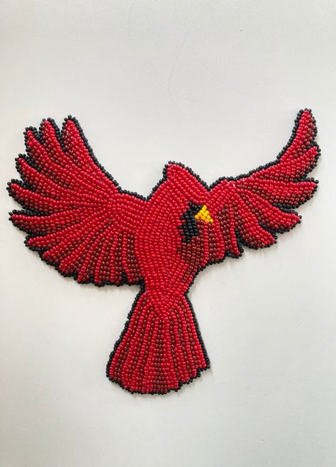 Beaded Birds Pattern Free, Perler Bead Cardinal, Beaded Cardinal Pattern, Beaded Birds Pattern, Seed Bead Animals, Beaded Cardinal, Metis Beading, Porcupine Quill Jewelry, Indigenous Beading