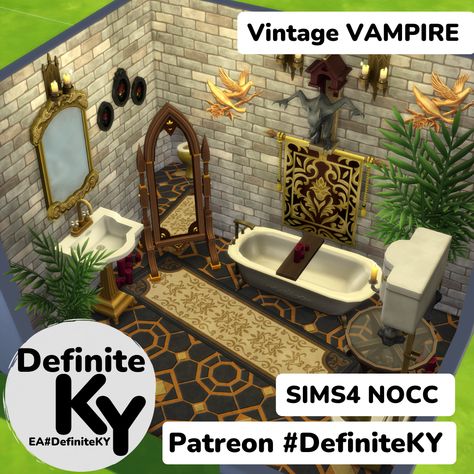 My works are 100% NOCC/ Mod-Free/ Functional in gameplay. ***Download from Patreon or EA gallery #DefiniteKY Sims 4 Vampire Room Ideas, Vampire Bathroom, Vampire Room, Sims 4 Apartment, Sims Interior, House Sims 4, Vintage Vampire, Vampire House, Dark Bathroom