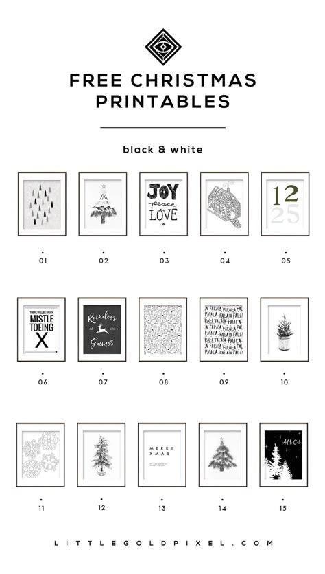 15 Free Christmas Printables • B&W Holiday Roundup • Little Gold Pixel • In which I round up 15 free Christmas printables from my fave bloggers for those of us who like B&W holiday decor. Consider this my last-minute gift to you! #freebies #freeprintables #freeholidayprintables #freechristmasart Minimalist Christmas Printables Free, Free Vintage Christmas Printables Black And White, Christmas Art Printables Free, Christmas Art Printable, Black And White Christmas Art, Christmas Printables Black And White, Free Printable Christmas Art, Free Christmas Printables To Frame, Free Black And White Printables