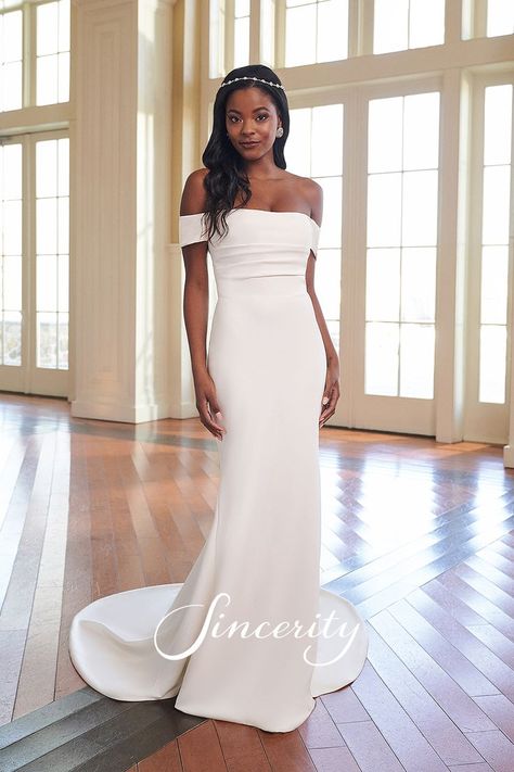 Ensure all eyes are on you as you walk down the aisle. This stretch crepe fit and flare bridal gown features a flattering Off-the-Shoulder neckline that's accented with a pleated bodice. Pleating continues along the sleeves to the back where the style is finished with covered buttons extending to the end of the chapel length train. The dress is lined in jersey for an ultra comfortable fit all night long. Flare Gown Styles, Sincerity Bridal Wedding Dresses, Sincerity Wedding Dress, Sincerity Bridal, Bridal Gown Styles, Lillian West, Wedding Gown Styles, Flare Gown, Blush Bridal