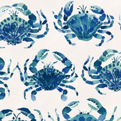 Barbra Ignatiev, Crab Dinner, Blue Crabs, Watercolor Ocean, Loose Watercolor, Blue Crab, Coastal Art, The Boat, Home Decor Fabric