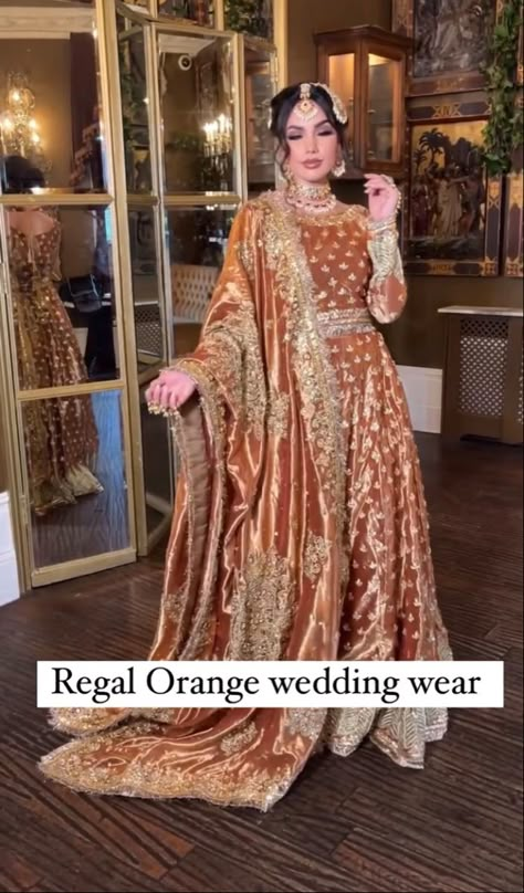 Orange Pakistani Bridal Dress, Burnt Orange Pakistani Outfit, Haldi Bridal Outfit, Mehndi Outfit Bridal, Baraat Outfit, India Wedding Dress, Outfits For Wedding, Nikah Outfit, Pakistani Bridal Dress