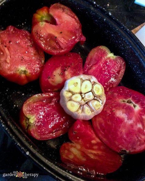 Roasting Tomatoes, Garden Meals, Roasted Heirloom Tomatoes, Heirloom Tomato Recipes, Tomato Pizza Sauce, Terrine Recipe, Tomato Pizza, Roasted Tomato Sauce, Pizza Sauce Recipe