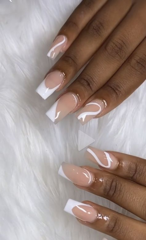 White French Tip Nails With Swirls, French Swirl Nails, White Swirl Nails, White French Nails, Gel Nails French, Swirl Nails, White Tip Nails, Nail Rhinestones, Waves Hair