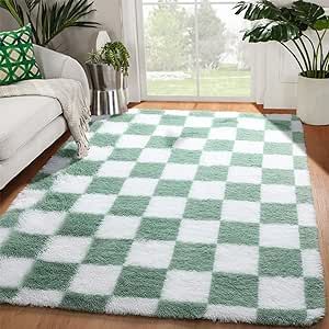 KICMOR 4x6 Rug for Bedroom Living Room, Fluffy Sage Green and White Checkered Area Rugs, Fuzzy Shag Shaggy Floor Carpet Soft Plush Checkerboard Rug for Children Kids Boys Room, Nursery, Classroom Rugs Fuzzy, Sage Green Rug, Checkerboard Rug, Nursery Classroom, Green Room Decor, Green Y2k, Fuzzy Rug, Sage Green Bedroom, 4x6 Rug