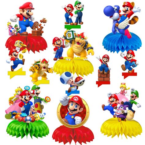 PRICES MAY VARY. What you will get: 12 Into the Mario theme Honeycomb Centerpieces, which are composed of 12 different styles. Each piece is approx 5.9 x 6.9 inches/ 15 x 18 cm Reliable material: These Mario honeycomb centerpieces are made of reliable sturdy card and using the delicate printing technology, therefore, they are firm and durable for long-term use, which are wonderful decorations for your parties DIY to Assemble: Just tear out the glue dot sticker on the back of the honeycomb, unfol Kids Party Centerpieces, Mario Video Game, Honeycomb Decorations, Mario Birthday Party, Mario Birthday, Mario Bros., Childrens Birthday Party, Mario Party, Party Photo Booth