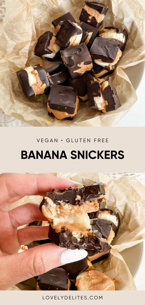 These healthy snickers bites come together with just 4 simple ingredients and are both vegan and gluten free. Banana Snickers are the perfect healthy vegan & gluten free treat to make! A chocolate covered banana is surrounded by chocolate and topped with creamy peanut butter and crunchy peanuts Vegan Desserts Healthy, Banana Snickers, Snickers Bites, Healthy Sweets Recipes, Healthy Sweets, Healthy Dessert Recipes, Sweets Recipes, Healthy Snacks Recipes, Healthy Baking