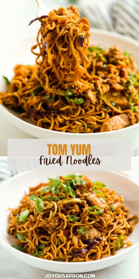 25 minutes · Serves 2 · Easy and delicious fried noodle dish tossed in sticky, spicy, sour, sweet and savory tom yum sauce. This Thai inspired dish has lots of bold flavors and textures! Spicy Noodle Bowl, Thai Bowls, Sweet And Sour Noodles, Sticky Noodles, Momofuku Recipes, Tom Yum Noodles, Thai Recipes Noodles, Asian Pasta, Exotic Recipes