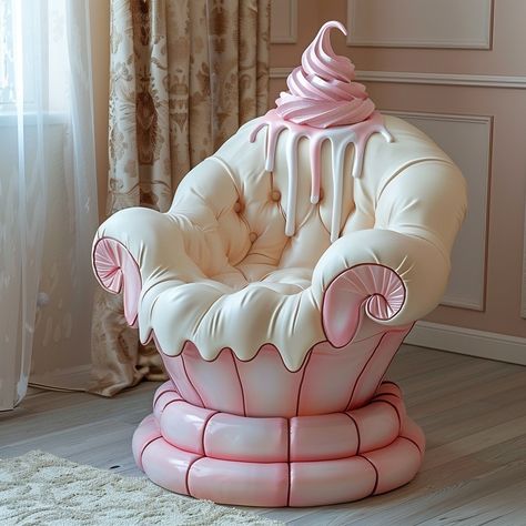 Introducing the Sundae Delight Chair, a whimsical blend of comfort and confectionery inspiration! Picture yourself sinking into a plush seat that evokes the essence of your favorite ice cream sundae. Smooth, swirling cushions reminiscent of creamy vanilla ice cream, adorned with a drizzle of rich chocolate or caramel. The armrests might feature textures that mimic the crunch of a waffle cone or the smoothness of a syrupy topping. The base is designed with a nod to the playful elegance of sund... Ice Cream Furniture, Waffle Decoration Ideas, Dessert Furniture, Ice Cream Room, Fruit Furniture, Candy Furniture, Ice Cream Chairs, Creamy Vanilla Ice Cream, Cream Furniture