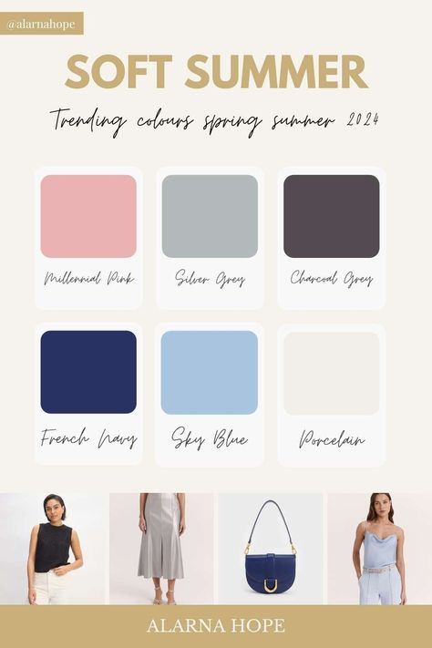 Soft Summer Outfits Inspiration, 2024 Colour Trends, Ingenue Style, Soft Summer Fashion, Energy Types, Soft Summer Makeup, Summer Brunette, Colour Season, Soft Summer Palette