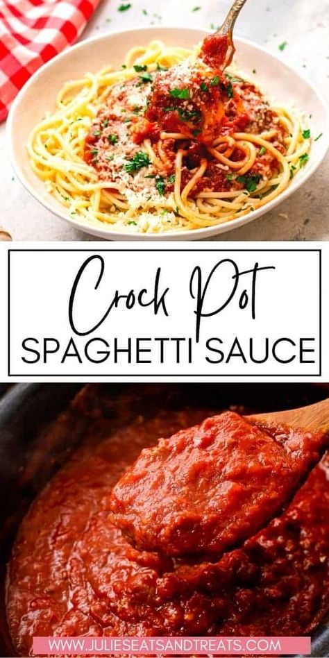 A thick and delicious ground beef spaghetti sauce that's slow cooked for the ultimate flavor. Make this easy and delicious Crockpot Spaghetti Sauce for your next spaghetti night. It doesn't get easy than throwing it all in the slow cooker and letting the flavors mingle before serving over a bed of pasta. The whole family will devour it. Crock Pot Pasta Sauce, Ground Beef Spaghetti Sauce, Crockpot Spaghetti Sauce, Slow Cooker Spaghetti Sauce, Crockpot Spaghetti, Slow Cooker Spaghetti, Fast Dinner, Spaghetti Sauce Recipe, Homemade Spaghetti Sauce