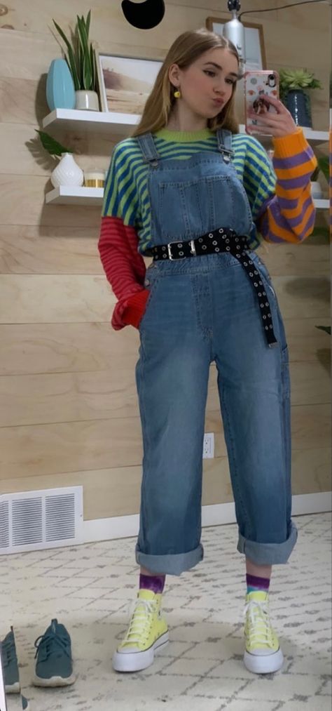 Mia Maples Aesthetic, Overalls 80s Outfit, Color Block Outfits Aesthetic, 80’s Overalls, Mia Maples Outfits, 80s Overalls Outfit, 80s Overalls, Mia Maples, 80s Inspired Outfits