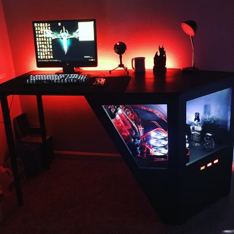 Diy Pc Desk, Desk Pc Build, Custom Pc Desk, Custom Gaming Desk, Built In Computer Desk, Wall Mounted Pc, Lego Room Decor, Diy Pipe Shelves, Simple Computer Desk