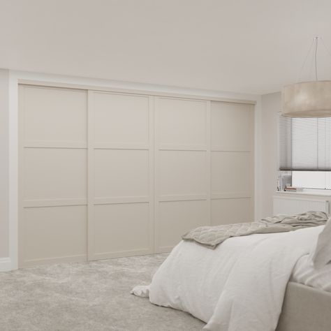 Cashmere Shaker Sliding Wardrobe Door Kit - 4 Door Cashmere Wood Panels - Made To Measure 4 Door Sliding Wardrobe Design, Shaker Wardrobe Doors, Wardrobe Design Bedroom Sliding, Sliding Wardrobe Design, White Wood Paneling, Sliding Door Wardrobe Designs, Shaker Design, Sliding Door Design, Sage Green Bedroom