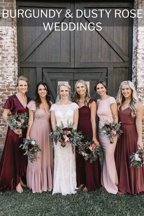 🍷🌸 BURGUNDY & DUSTY ROSE WEDDINGS 🌸🍷  Imagine a wedding day that exudes warmth, sophistication, and a touch of vintage charm! This rich, romantic palette will infuse your special day with depth and elegance, creating a truly enchanting atmosphere for you and your guests!  Browse through these ideas spotted on Pinterest for some burgundy and dusty rose suggestions! Burgundy And Pink Wedding Party, Burgundy Light Pink Wedding, Winter Pink Wedding Color Palettes, Dusty Rose And Red Wedding, Dusty Red Wedding, Dusty Rose Winter Wedding, Dusty Rose Wedding Color Schemes, Burgundy And Pink Wedding Theme, Burgundy And Blush Wedding Decorations