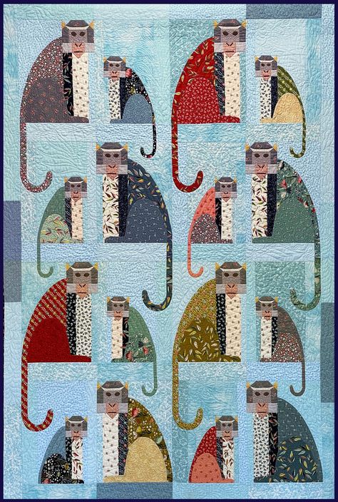 Marvelous Monkeys, by award winning designer, Jill Trainer. Throw: 54" x 79 | Intermediate.  This pattern includes an Illustrated Guide to Invisible Machine Applique. This enchanting animal quilt uses mostly straight seams with one curved seam. The face tail and legs are appliqued. The pattern includes detailed instructions for raw edge machine applique.  If you prefer turned edge applique, the included Illustrated Guide has instructions for two methods as well as instructions for setting up you Monkey Quilt, Giraffe Quilt, Hungry Bear, Quilt Applique, Bear Quilts, Bird Quilt, Picture Quilts, Textiles Techniques, Animal Quilts