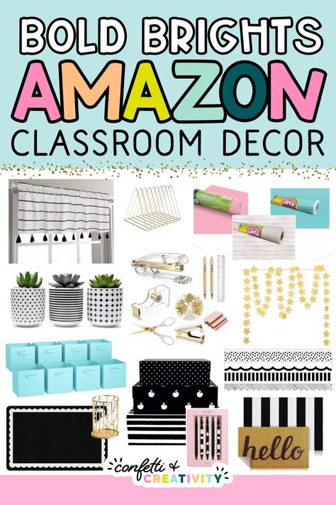 Looking for other decor ideas to go with your Bold Brights classroom? Check out these fantastic and affordable Amazon must-haves for your bold & bright classroom! These classroom decor items will be the perfect way to transform your classroom into your home away from home! Bright classroom decor ideas // Amazon classroom must haves // Colorful classroom decor // Amazon classroom finds // Classroom ideas Black White And Bright Classroom Decor, Bold Brights Classroom Decor, Classroom Decor Amazon, 2024-2025 Classroom Themes, Bold And Bright Classroom Theme, Amazon Classroom Decor, Black White Classroom Decor, Spotty Brights Classroom Decor, Preppy Classroom Theme