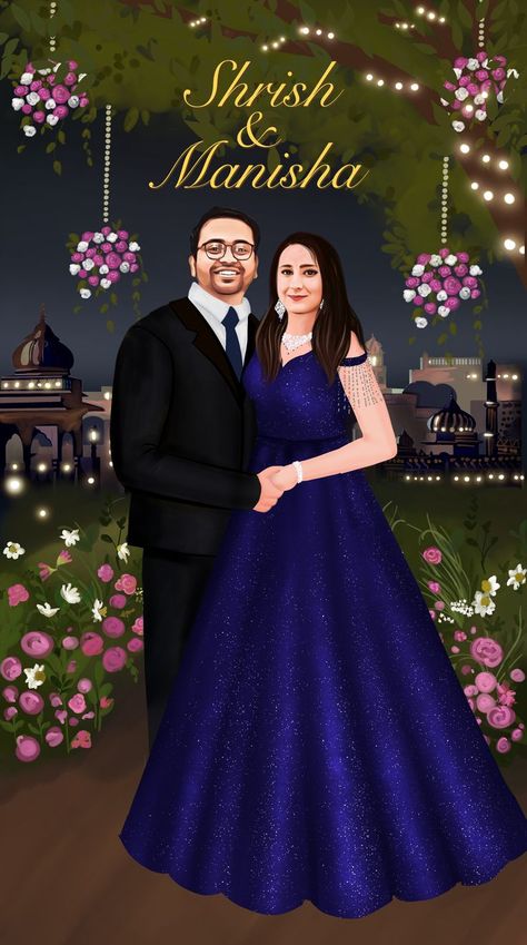 DM to get your invite noww !! Reception Illustration Couple, Reception Caricature, Reception Illustration, Shadi Decor, Engagement Invitation Card Design, Groom Cartoon, Couple Illustrations, Caricature Wedding Invitations, Cartoon Wedding