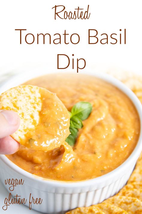 This Roasted Tomato Basil Dip is rich and creamy. Use it as a dip or sauce. It's a great way to use up the tomatoes in the garden. Tomato Dip Recipes, Basil Dip, Gameday Appetizers, Tomato Dipping Sauce, Veggie Noodles Recipes, Vegan Sauce Recipes, Awesome Appetizers, Grape Recipes, Vegan Dip