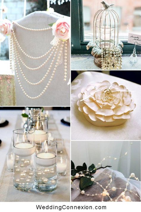 Pearl And Lace Wedding Theme, Pearls In Wedding Decor, Pearls Centerpiece Ideas, White Wedding Shower Decorations, Bubbles And Pearls Party, Pearl Centerpiece Ideas, Pearl Themed Party Decor, Pearl Decorations Party, Pearls And Persecco