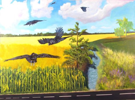 The Field" 30x40" Acrylic and oil THE FIELD Painting what I see An outer gaze sees a cornfield ready to harvest onto a canvas where nourishment for the soul can take place The internal sight of crows in their black and blue tones hovering over the fields promise of nourishment as the ears of corn listen for the caws of their body's offering. The cycle continues as nature created the supply and fulfills a demand, a vision, a painting, a cornfield, and crows. What an inner outing And so it Corn Fields, Field Paint, Corn Field, Field Painting, Ears Of Corn, Pooh Baby, Norse Mythology, Crows, Blue Tones