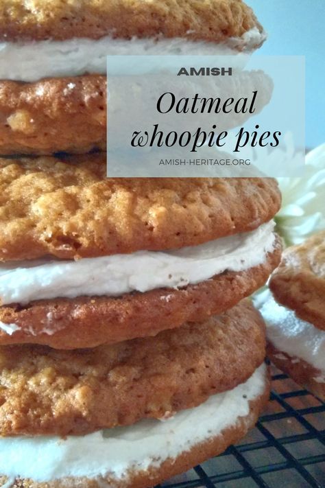 Amish oatmeal whoopie pie recipe Oatmeal Whoopie Pies Amish, Homemade Amish Recipes, Amish Whoopie Pies Pennsylvania Dutch, Easy Chocolate Whoopie Pies, Oatmeal Cookie Whoopie Pies, Oatmeal Pies Recipe, Whoopie Cookie Recipes, Oatmeal Sandwich Cookies Cream Pies, Amish Baked Goods