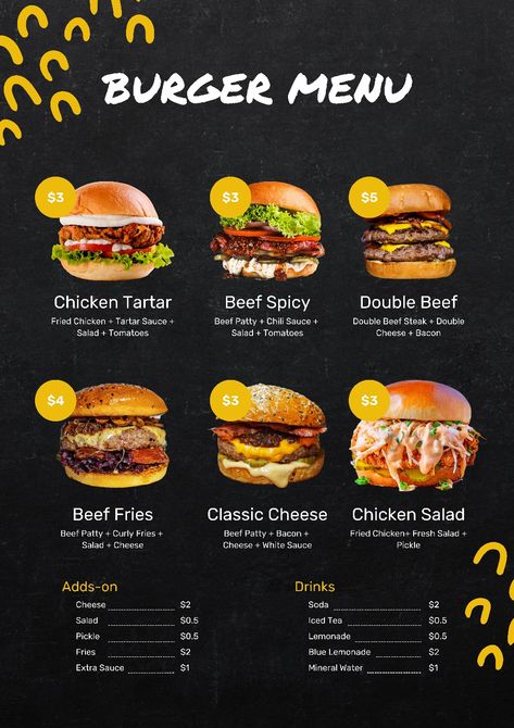 Burger Menu Design Ideas, Burger Menu Design, Chalkboard Restaurant, Grilled Burger Recipes, Street Food Design, Healthy Sandwich Recipes, Simple Family Meals, Chicken Menu, Menue Design