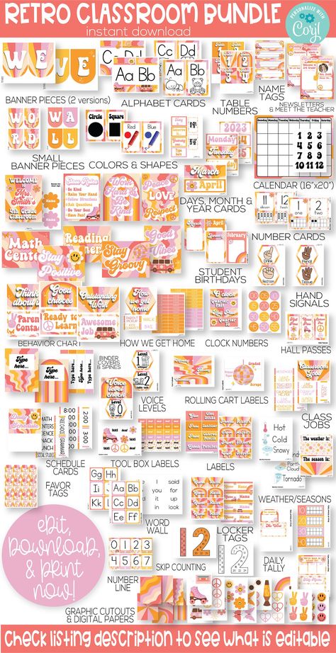 Retro Groovy Classroom Theme Supplies and Decorations Printable, Retro Groovy Daisy Theme Classroom Decoration and Teacher Supplies Bundle - Etsy Retro Kindergarten Classroom, Classroom Theme Kindergarten, Preschool Classroom Themes Decorations, Smiley Classroom, Groovy Classroom Theme, Daisy Classroom, Retro Classroom Theme, Elementary Classroom Decor Themes, Pink Classroom