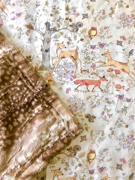 "This beautiful woodland baby blanket has a layer of cotton fabric on top with the cutest woodland animals, including deer, foxes, raccoons, birds, frogs, birds, flowers, butterflies and more. It will make a perfect new baby gift for a forest-themed nursery. The bottom layer will be your choice of super soft minky. There will be a border trim of the minky backing on the front edge of the blanket. Your blanket will be handmade in my smoke free home. Your blanket will have a silky satin tag with t Deer Nursery Girl, Fawn Nursery, Woodland Baby Girl, Fox Forest, Woodland Baby Blanket, Woodland Nursery Girl, Deer Nursery, Girl Woodland, Deer Fawn