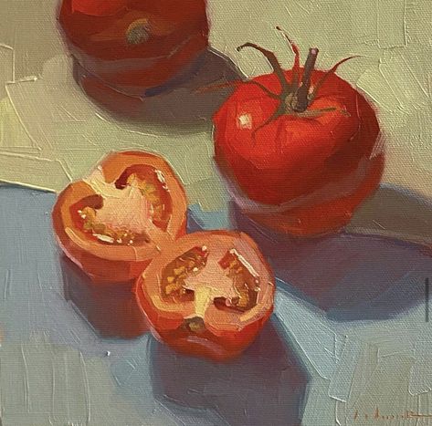 Tomato Oil Painting, Sarah Sedwick, Tomato Painting, Cabin Aesthetic, Red Painting, Still Life Fruit, Fruit Painting, Painting Inspo, Still Life Art