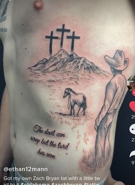 Zack Bryan Inspired Tattoos, Rodeo Tattoos Cowboys, Western Bible Tattoos, Cowboy Tattoos For Men Forearm, Western Tattoos Zach Bryan, Southern Style Tattoos, Tattoos For Farmers, Cowgirl Tattoos Western Spine, God Family Country Tattoos