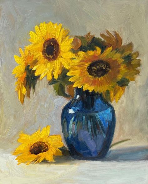 Oil Painting For Beginners Flowers, Happy Oil Painting, Flower And Vase Painting, Vase Art Drawing, Sunflower Painting Acrylic, Painting Of Sky, Flowers To Paint, Flower Vase Painting, Heather Martin