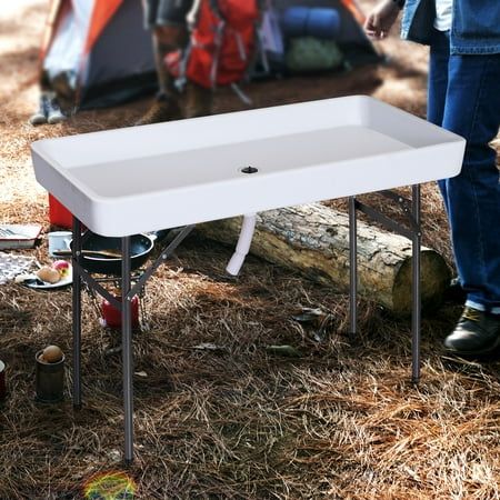 This foldable camping table from Outsunny provides a portable, sturdy, and efficient work area for all your outdoor needs, from cleaning fish to potting plants. It consists of a high-density plastic tabletop station and durable steel table legs, which ensures years of reliable use. Designed with a large and deep sink, you can wash food with great ease. The folding legs allow you to take this collapsible table anywhere and easily store it when your work is done. Size: 47.5" x 23.5" x 32.25".  Col Camping Sink, Fishing Table, Fish Cleaning Table, Ice Party, Portable Sink, Camping Dishes, Deep Sink, Folding Picnic Table, Cleaning Fish