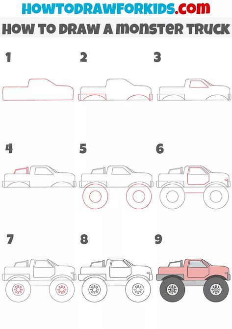 How to Draw a Monster Truck - Easy Drawing Tutorial For Kids Truck Drawing Easy Step By Step, How To Draw Monster Truck, How To Draw Trucks Step By Step, Monster Truck Doodle, Monster Truck Drawing Easy, How To Draw A Truck, Hot Wheels Drawing, Draw Monster Truck, How To Draw A Car