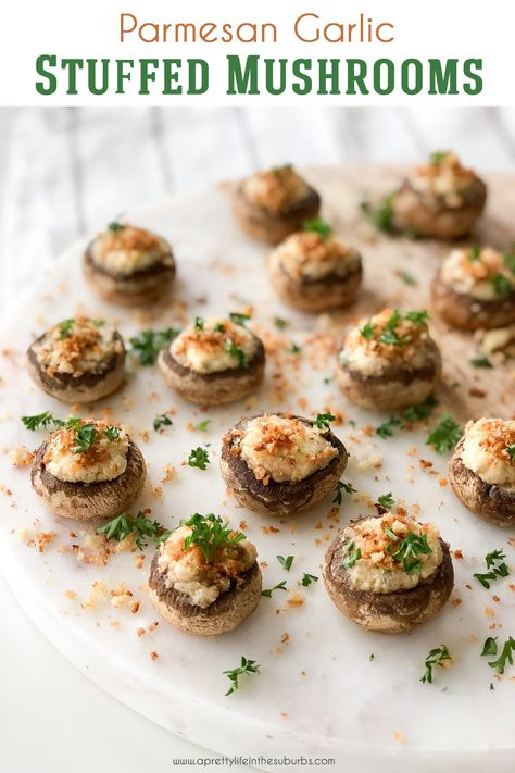 These Parmesan Garlic Stuffed Mushrooms are a quick and delicious appetizer! Perfect for holiday gatherings with friends & family. Garlic Stuffed Mushrooms, Mushroom Appetizers, Cranberry Cream Cheese, Stuffed Mushroom, Snack Prep, Garlic Mushrooms, Thanksgiving Appetizers, Dinner Appetizers, Garlic Parmesan