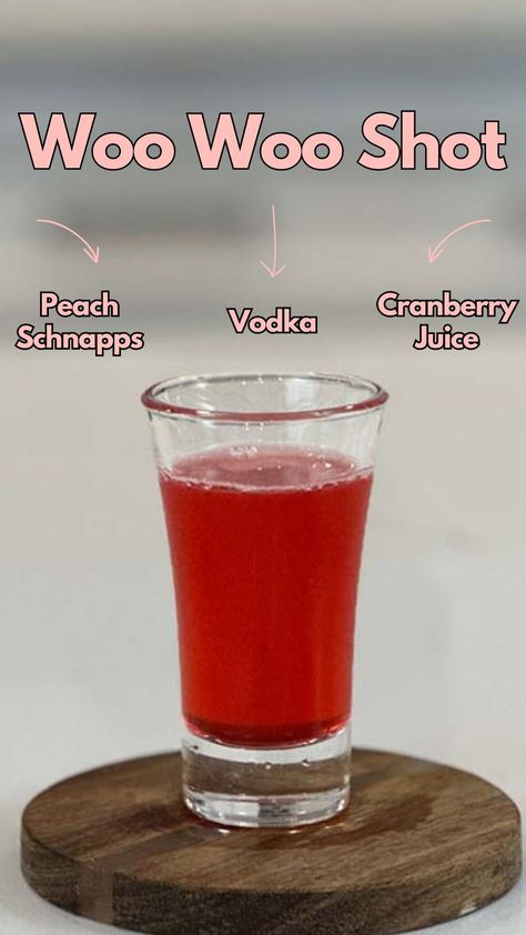 The Woo Woo shot is the perfect shot to get the party started. Learn how to make this simple shot with cranberry, vodka, and peach schnapps. #WooWooShot Woo Woo Drink, Peach Schnapps Shots, Red Shots Recipes, Shots With Peach Schnapps, Vodka Shots Easy, Red Shots Alcohol, Shot Recipes Alcoholic, Fun Shots Alcohol Easy, Peach Shots