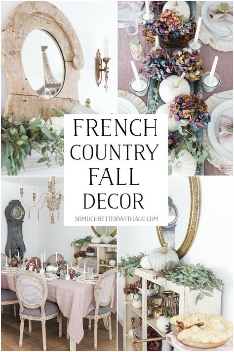 French Fall Home Tour with Purple and Green (No Orange Allowed) - So Much Better With Age French Country Thanksgiving Decor, French Country Fall Decor, Coastal Thanksgiving, Country Fall Decor, French Country Rug, Fall Dining Room, French Country Bathroom, Autumn Dining, Green French