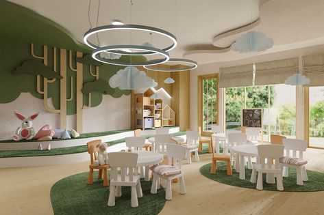 Small Kindergarten Design, Modern Daycare Design, Kindergarten Interior Design, Daycare Interior Design, Kindergarten Door, Daycare Room Design, School Library Design, Indoor Playroom, Kindergarten Interior