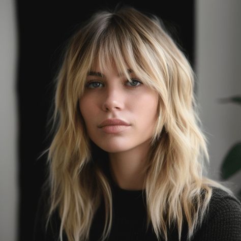 Choppy Mid Length Hair With Fringe, Choppy Fringe Bangs, Funky Fringe Hairstyles, Blonde Shoulder Length Hair With Fringe, Bright Blonde Hair With Bangs, Thick Choppy Bangs, Blonde Shag Straight Hair, Choppy Straight Across Bangs, Lob With Fringe