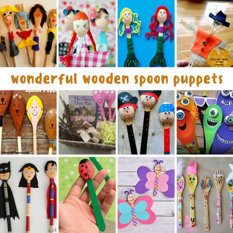 12 groovy wooden spoon puppets Decorated Wooden Spoons, Wooden Puppets, Spoon Puppets, Wooden Spoon Puppets, Story Spoons, Story Baskets, Wooden Spoon Crafts, Spoon Craft, Wooden Puppet