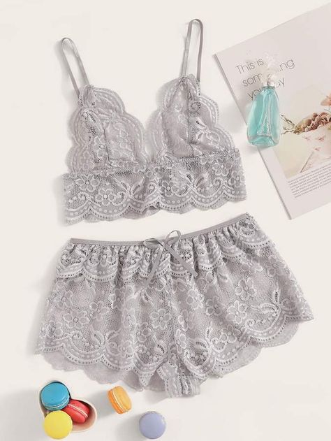 Shorts With Lace, Lingerie Shorts, Cute Sleepwear, Cute Lingerie, Lace Lingerie Set, Scalloped Trim, Pretty Lingerie, Lace Lingerie, Shein Style