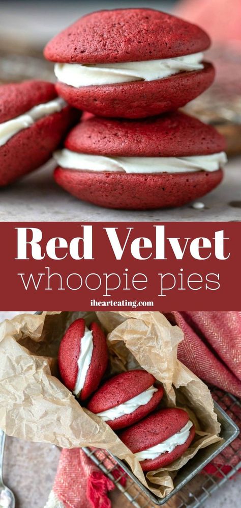 Red Velvet Whoopie Pies - great for Christmas or Valentine's Day! Pies With Cream Cheese, Red Velvet Whoopie Pies, Whoopie Pie Recipe, Red Velvet Recipes, Whoopie Pie, Red Velvet Cookies, Cream Cheese Frosting Recipe, Whoopie Pies, With Cream Cheese Frosting