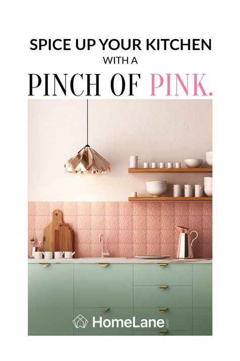 Pink, kitchen, home interiors, design ideas. Pale Pink Kitchen, Modern Pink Kitchen, Pink Kitchen Designs, Pink Cabinets, Colourful Home, Retro Fridge, Accent Wall Paint, White Shelves, Pink Kitchen