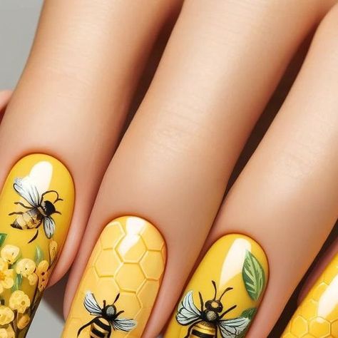 Tamara Margaryan on Instagram: "Elegant bee-themed nail art with yellow stiletto nails, honeycomb Elegant Bee-Themed Nail Art: A Touch of Nature's Beauty  patterns, and bees on flowers. Nature's beauty is at your fingertips.  #beenailart #elegantmanicure💅  #natureinspirednails #yellownailideas  #intricatenaildesigns" Yellow Stiletto Nails, Bee Nail Designs, Bee Nail Art, Bumble Bee Nails, Vintage Nail Art, Bee Nails, Unique Nail Art, Elegant Manicure, Nail Art Stripes