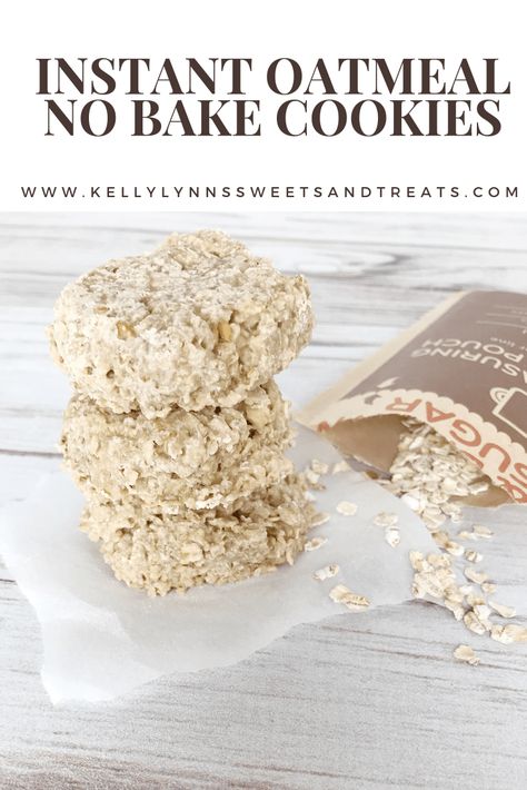 Instant Oatmeal No Bake Cookies (75-CALORIES!!) - Kelly Lynn's Sweets and Treats Use Up Instant Oatmeal Packets, Oatmeal Cookies From Instant Oatmeal, Recipes Using Oatmeal Packets, Instant Oatmeal Packets Recipes Muffins, Leftover Instant Oatmeal Packets Recipes, Instant Oatmeal Packets Recipes Cookies, Recipes Using Instant Oatmeal Packets, Oatmeal Packet Recipes, Instant Oatmeal Packet Cookies